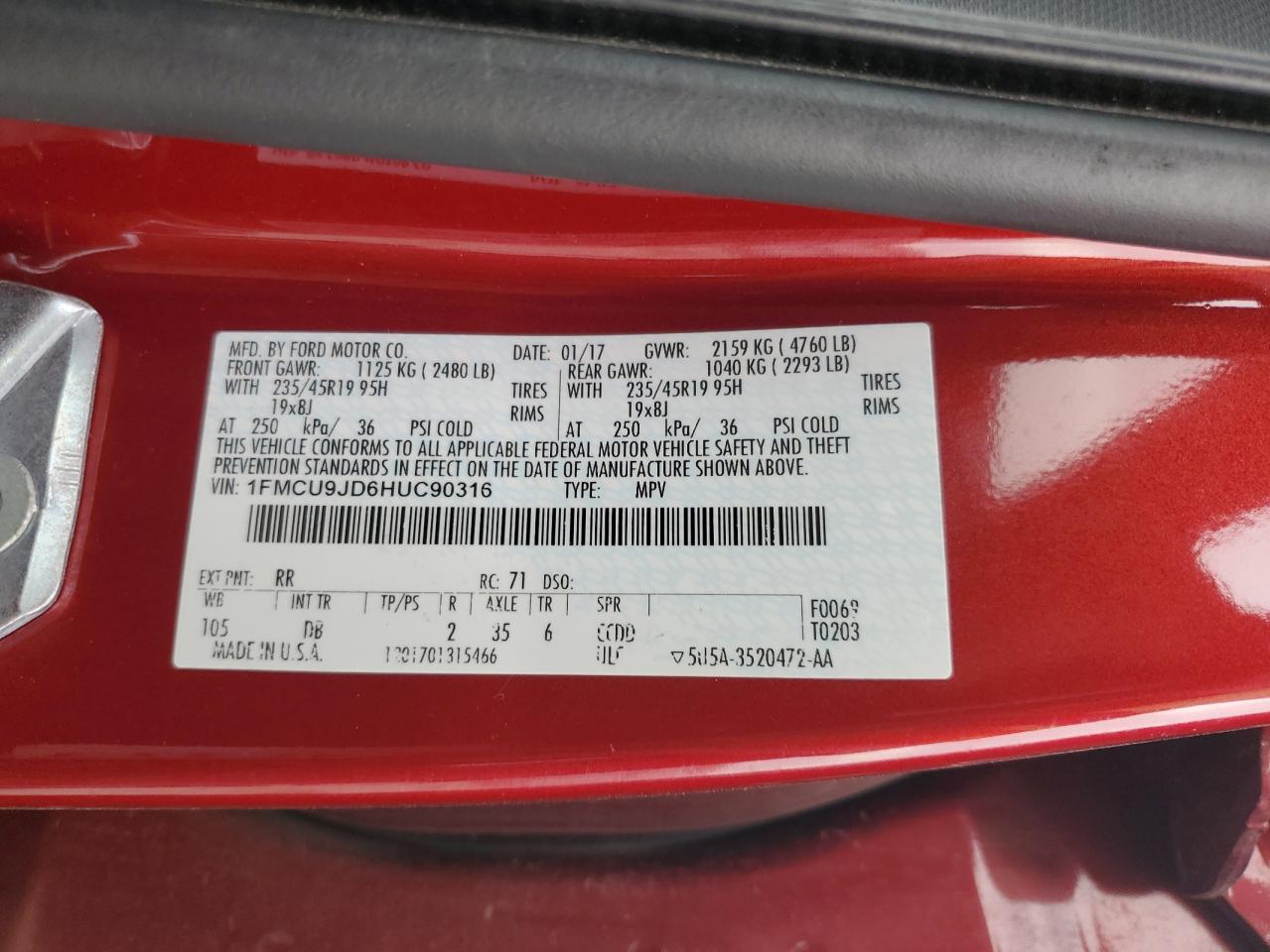 2017 Ford Escape Titanium VIN: 1FMCU9JD6HUC90316 Lot: 92451525