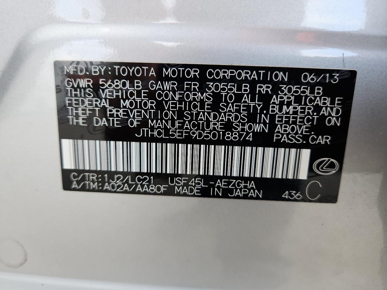 2013 Lexus Ls 460 VIN: JTHCL5EF9D5018874 Lot: 92165425