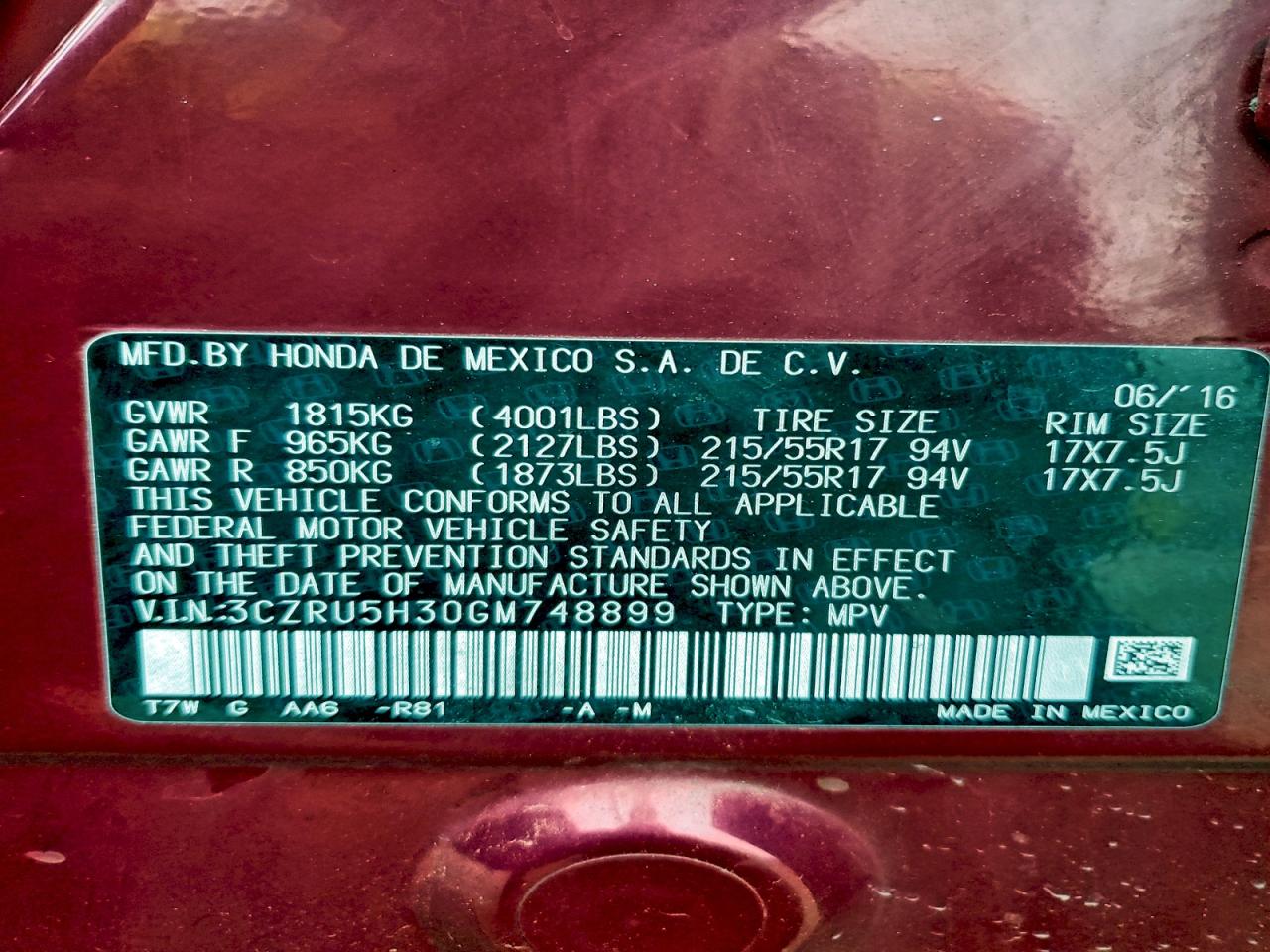 2016 Honda Hr-V Lx VIN: 3CZRU5H30GM748899 Lot: 94365085