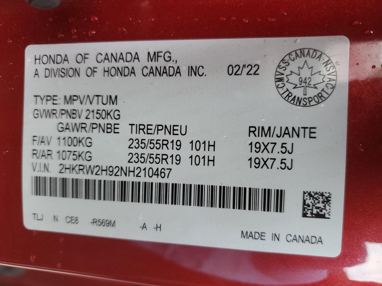 2022 Honda Cr-V Touring VIN: 2HKRW2H92NH210467 Lot: 90836085