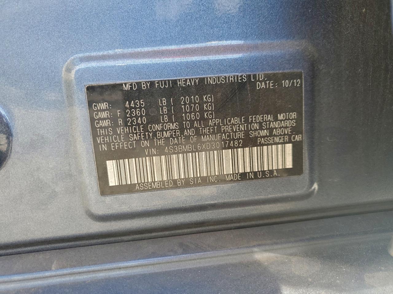 2013 Subaru Legacy 2.5I Limited VIN: 4S3BMBL6XD3017482 Lot: 94697505