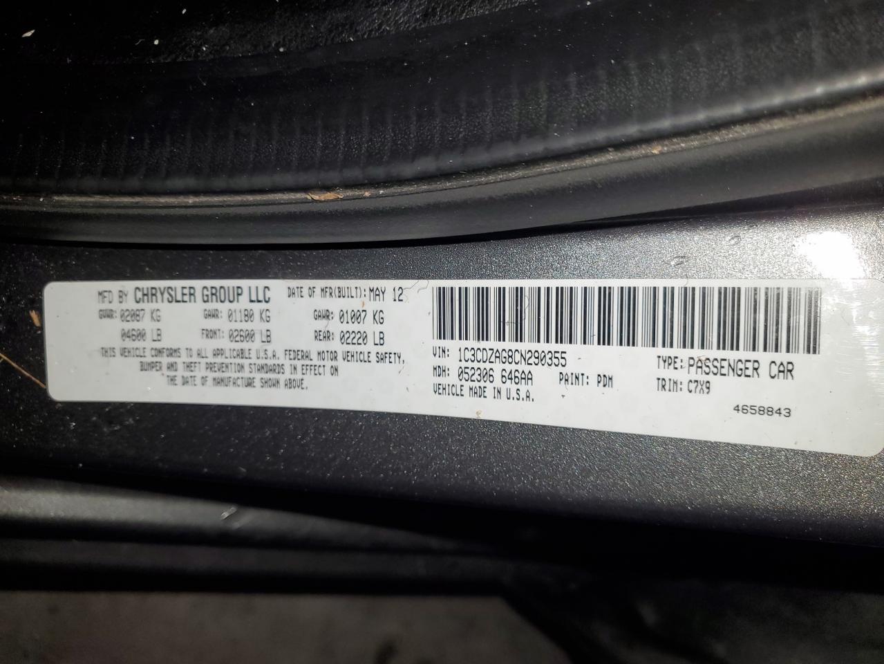 2012 Dodge Avenger Se VIN: 1C3CDZAG8CN290355 Lot: 92250615