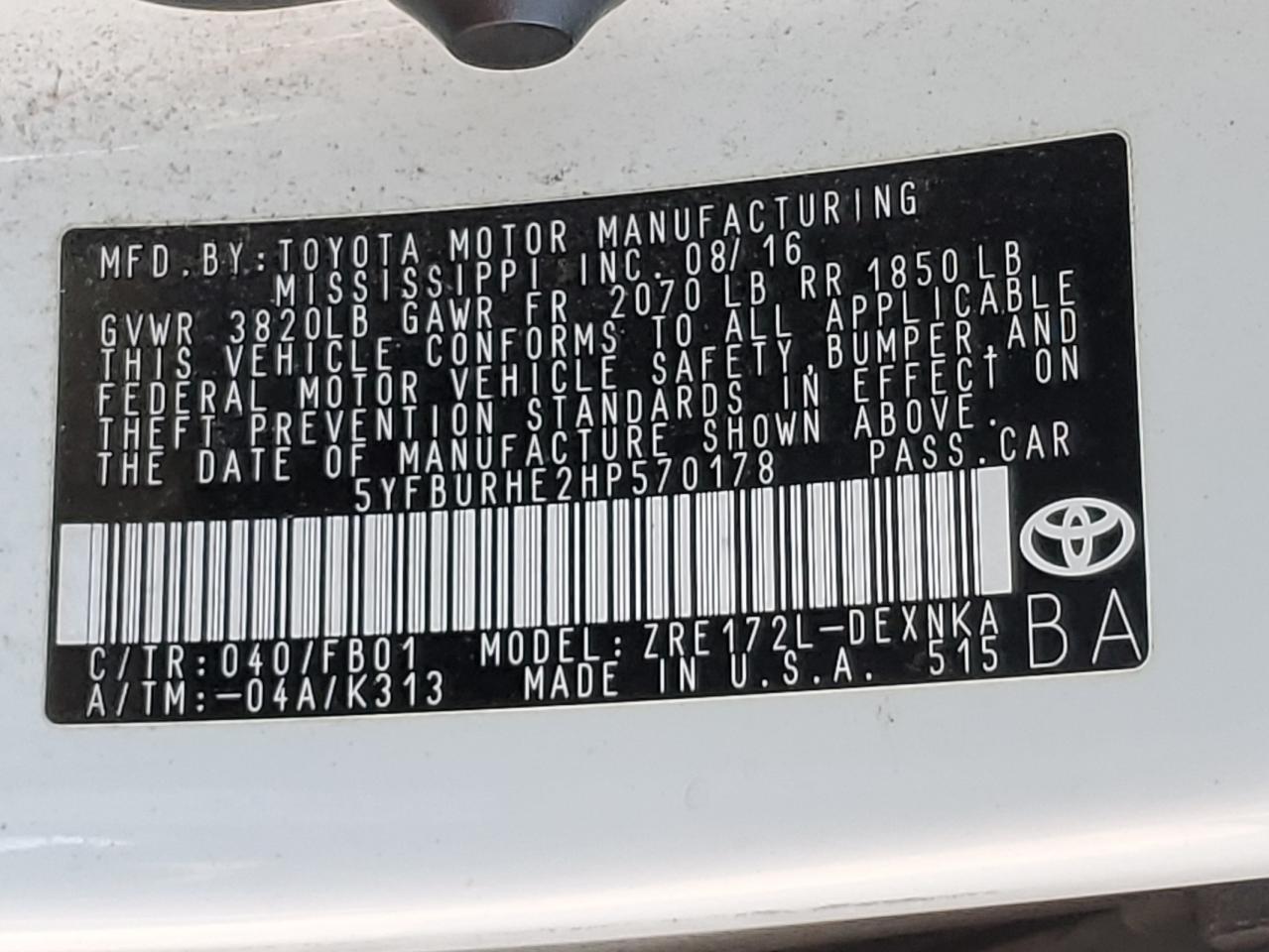 2017 Toyota Corolla L VIN: 5YFBURHE2HP570178 Lot: 92111825