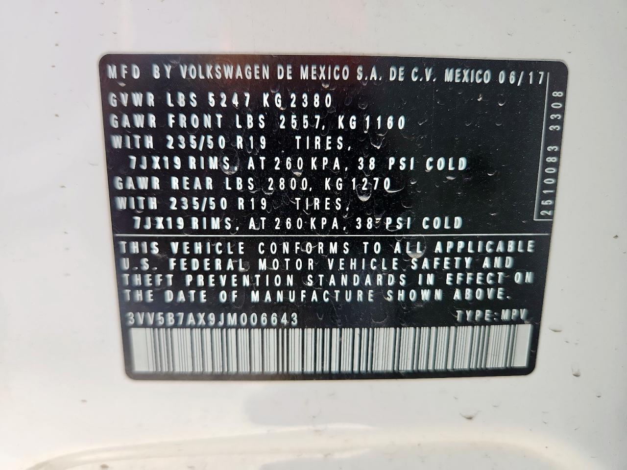 2018 Volkswagen Tiguan Sel Premium VIN: 3VV5B7AX9JM006643 Lot: 92811795