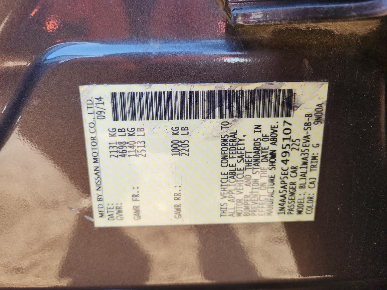 2014 Nissan Maxima S VIN: 1N4AA5AP5EC495107 Lot: 92843235