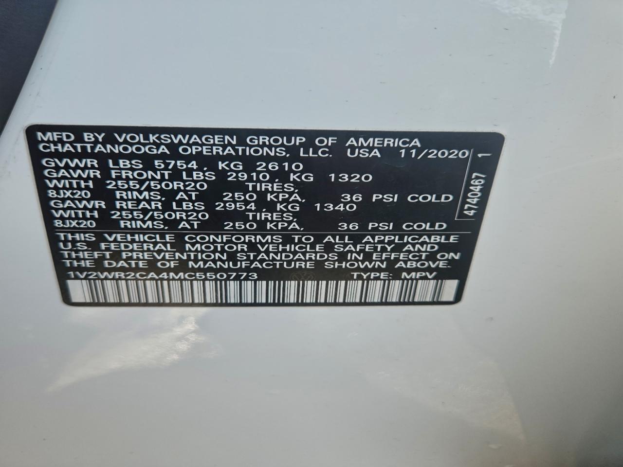 2021 Volkswagen Atlas Se VIN: 1V2WR2CA4MC550773 Lot: 94256135