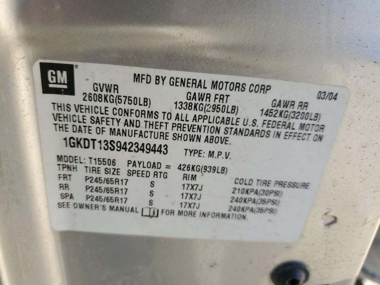 2004 GMC Envoy VIN: 1GKDT13S942349443 Lot: 91482425