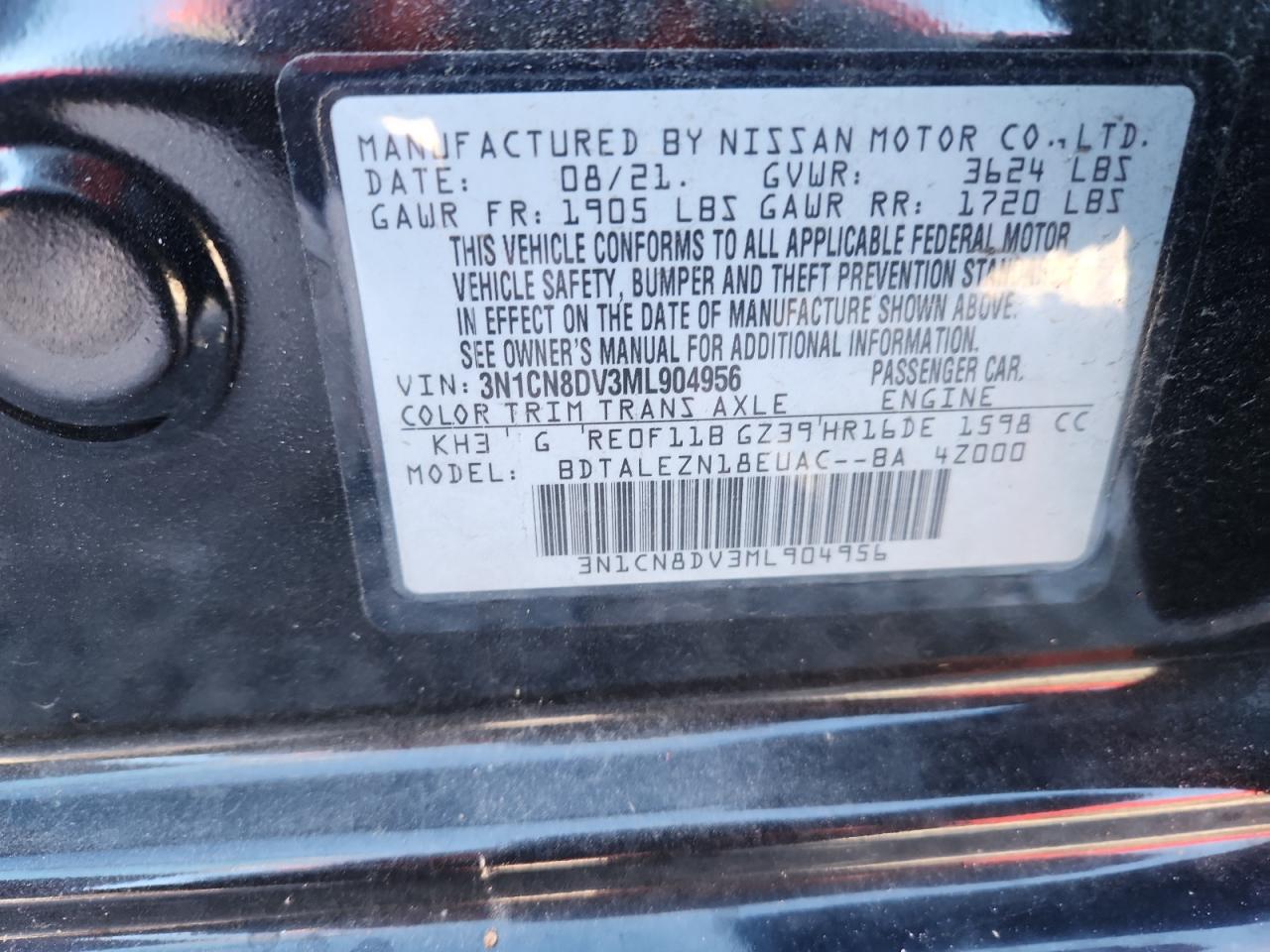 2021 Nissan Versa S VIN: 3N1CN8DV3ML904956 Lot: 92364895