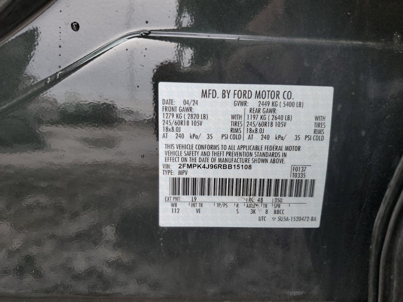 2024 Ford Edge Sel VIN: 2FMPK4J96RBB15108 Lot: 92922435