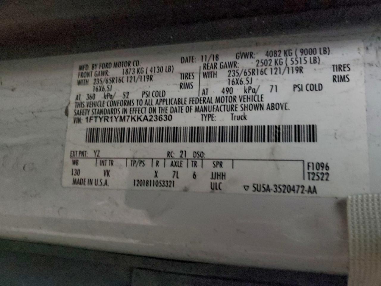 2019 Ford Transit T-250 VIN: 1FTYR1YM7KKA23630 Lot: 94374115