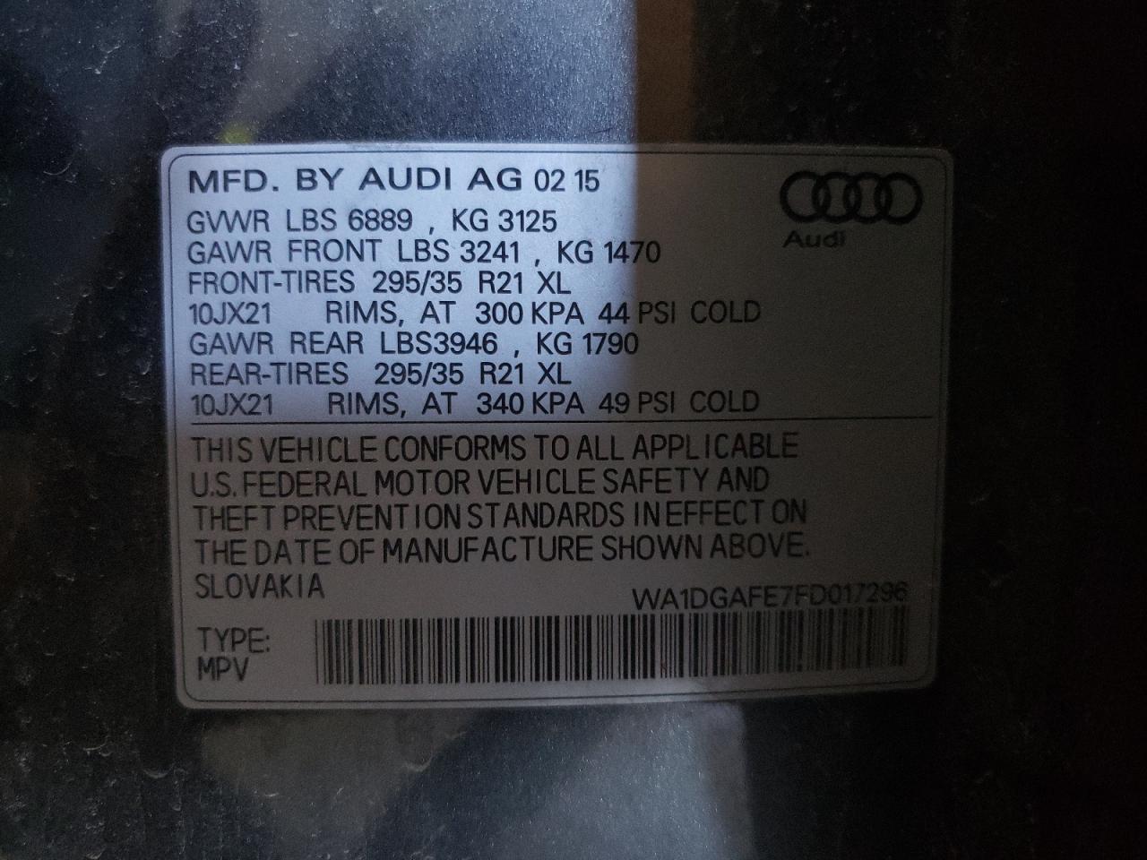 2015 Audi Q7 Prestige VIN: WA1DGAFE7FD017296 Lot: 91050475