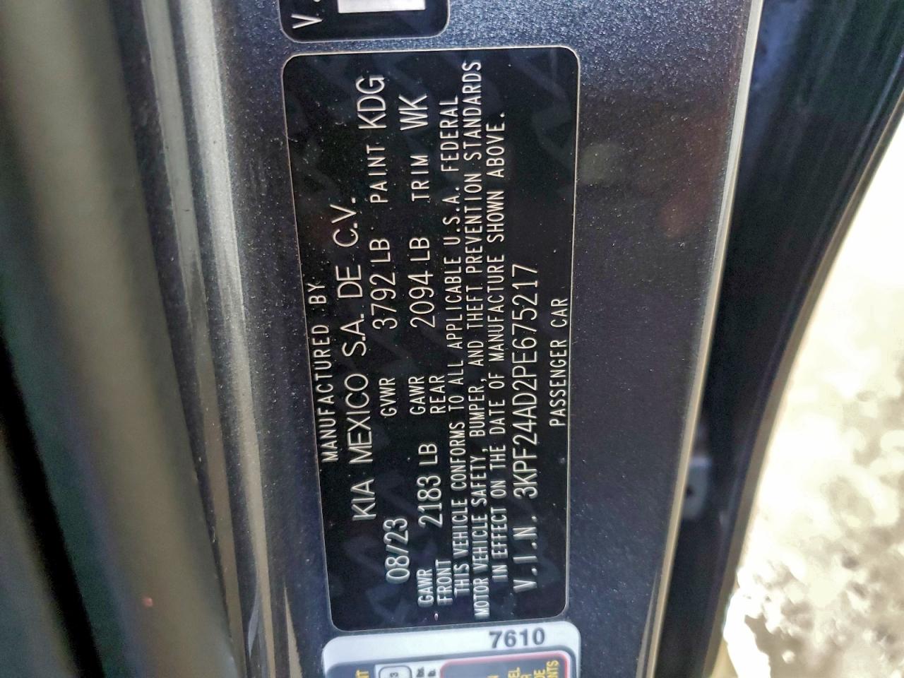 2023 Kia Forte Lx VIN: 3KPF24AD2PE675217 Lot: 94064525