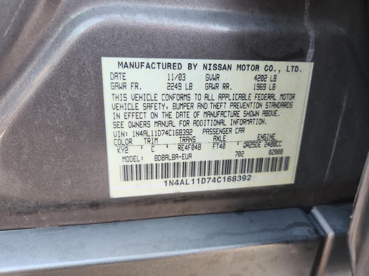 2004 Nissan Altima Base VIN: 1N4AL11D74C168392 Lot: 91012285