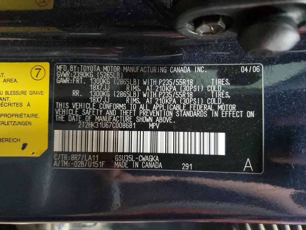 2007 Lexus Rx 350 VIN: 2T2HK31U67C008681 Lot: 93526205