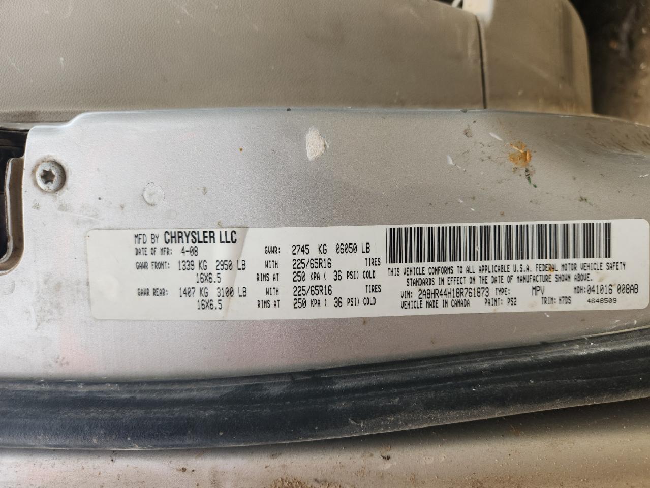 2008 Chrysler Town & Country Lx VIN: 2A8HR44H18R761873 Lot: 91814855