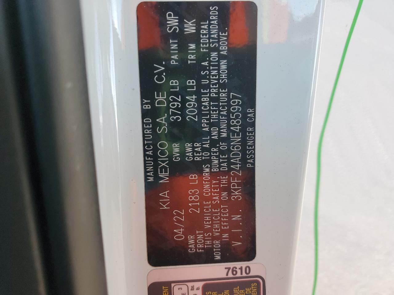 2022 Kia Forte Fe VIN: 3KPF24AD6NE485997 Lot: 93559345