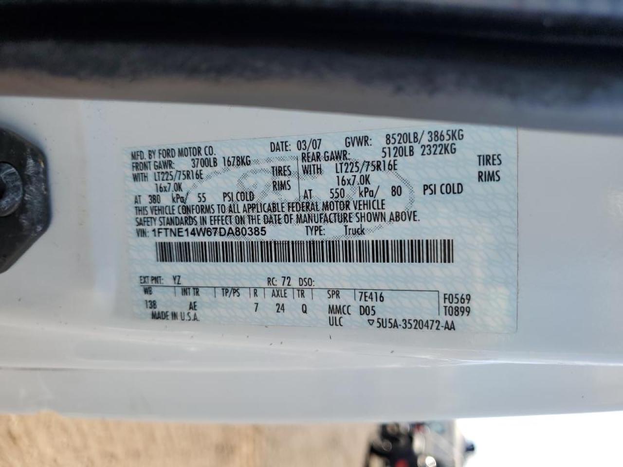 2007 Ford E150 Delivery Van VIN: 1FTNE14W67DA80385 Lot: 91474285