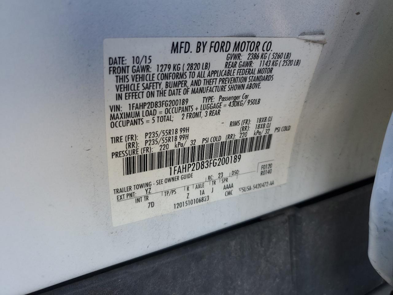 2015 Ford Taurus Se VIN: 1FAHP2D83FG200189 Lot: 92486625