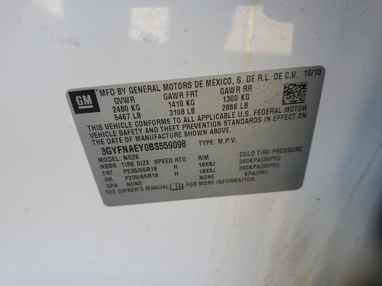 2011 Cadillac Srx Luxury Collection VIN: 3GYFNAEY0BS559098 Lot: 91299845