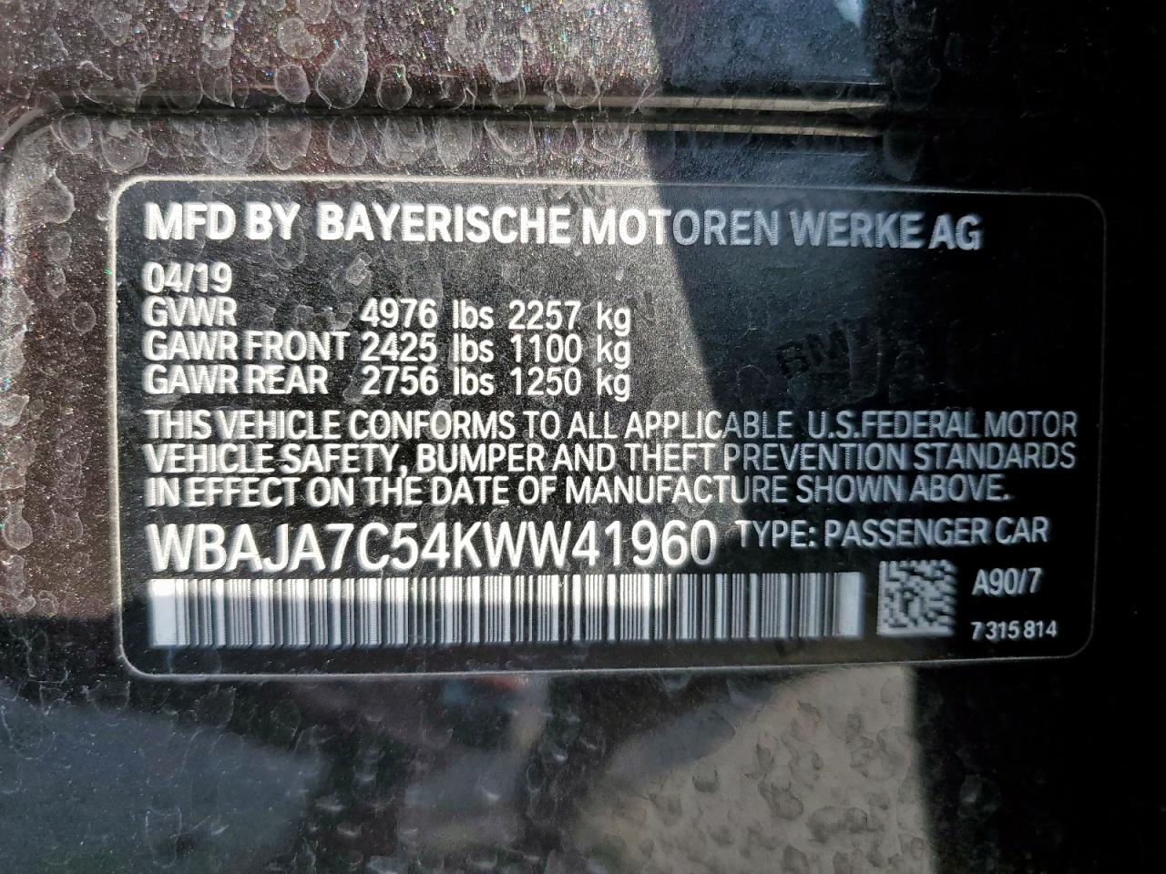 2019 BMW 530 Xi VIN: WBAJA7C54KWW41960 Lot: 93318385