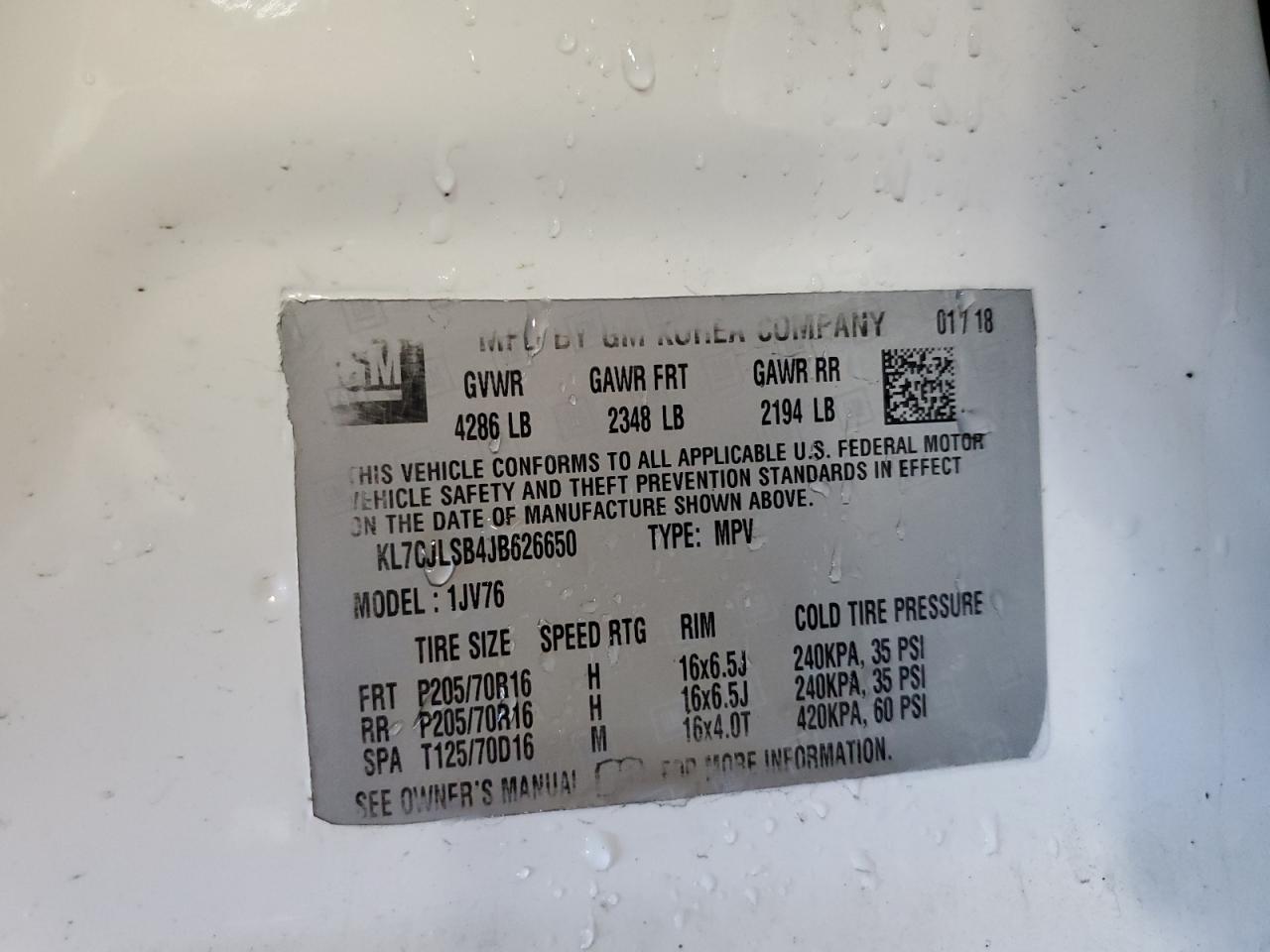 2018 Chevrolet Trax 1Lt VIN: KL7CJLSB4JB626650 Lot: 92940165