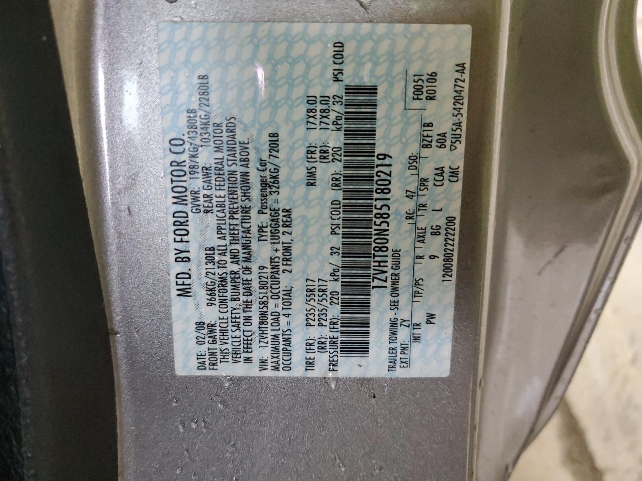 2008 Ford Mustang VIN: 1ZVHT80N585180219 Lot: 92868255