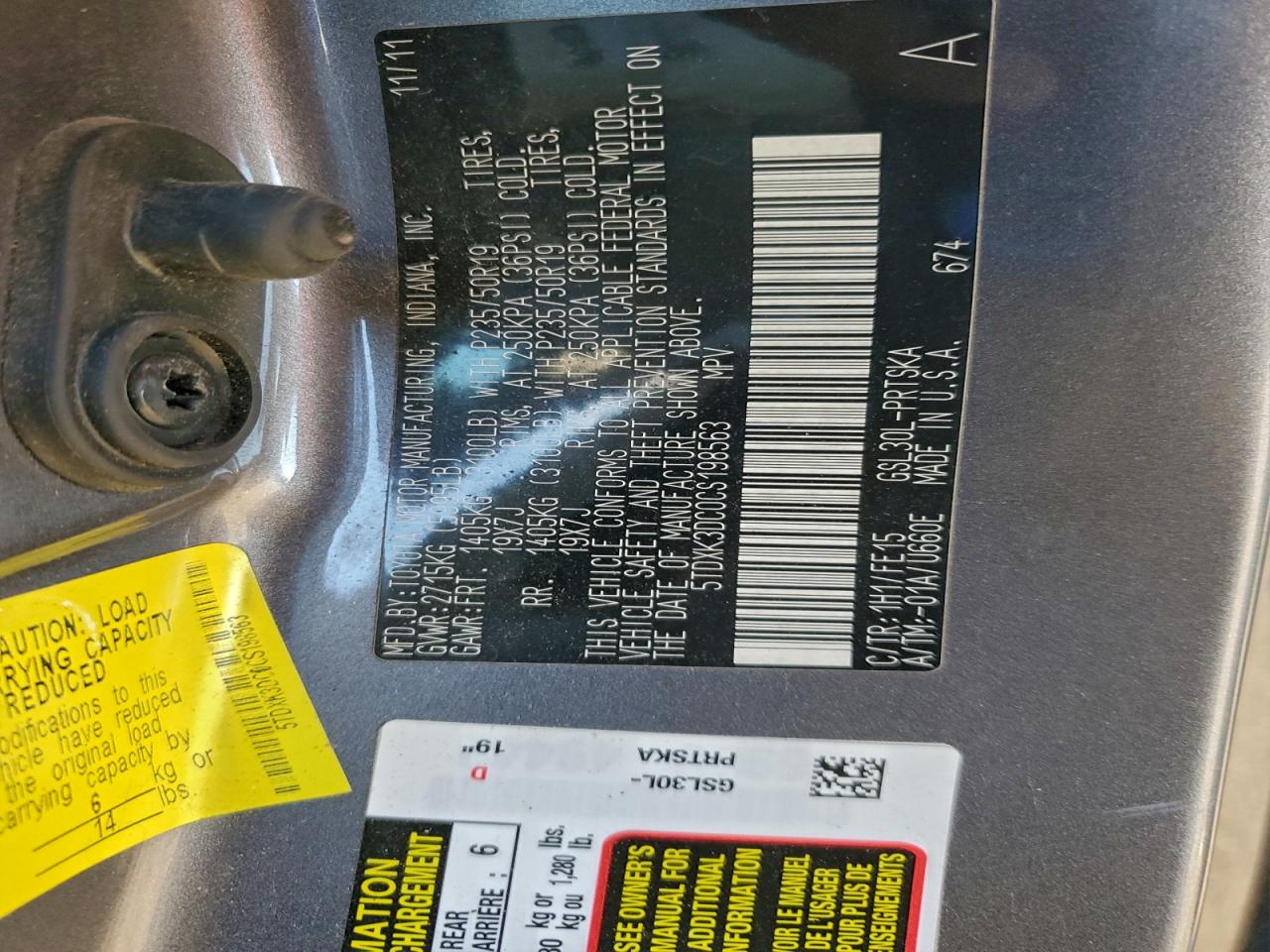 2012 Toyota Sienna Sport VIN: 5TDXK3DC0CS198563 Lot: 94632055