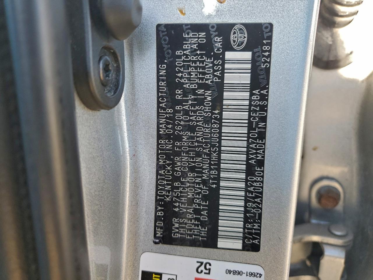 2018 Toyota Camry L VIN: 4T1B11HK5JU608734 Lot: 93969705