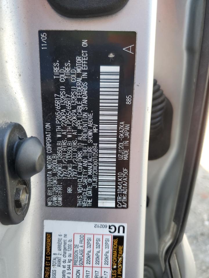 2006 Lexus Gx 470 VIN: JTJBT20X060105894 Lot: 91971455