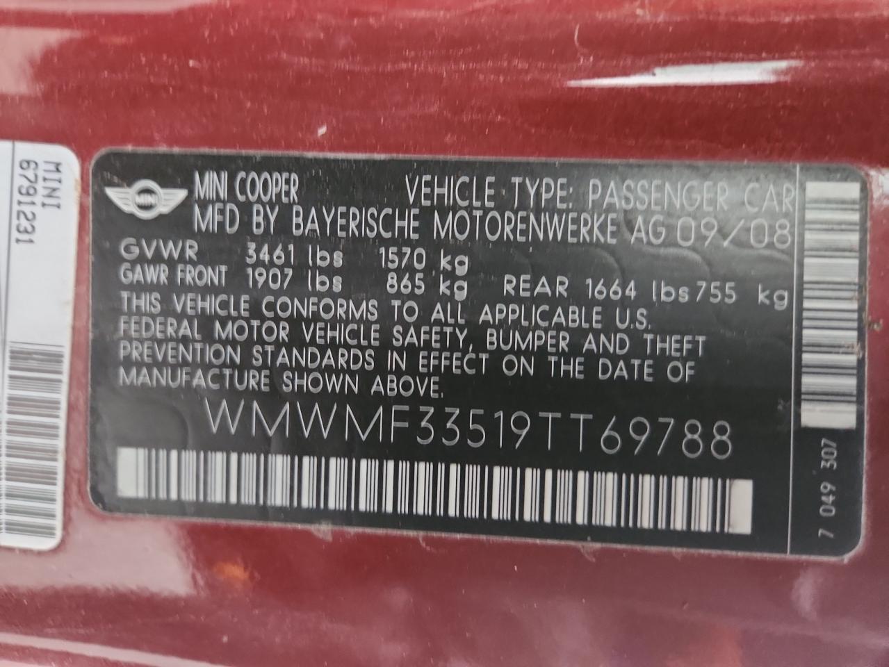 2009 Mini Cooper VIN: WMWMF33519TT69788 Lot: 93378325