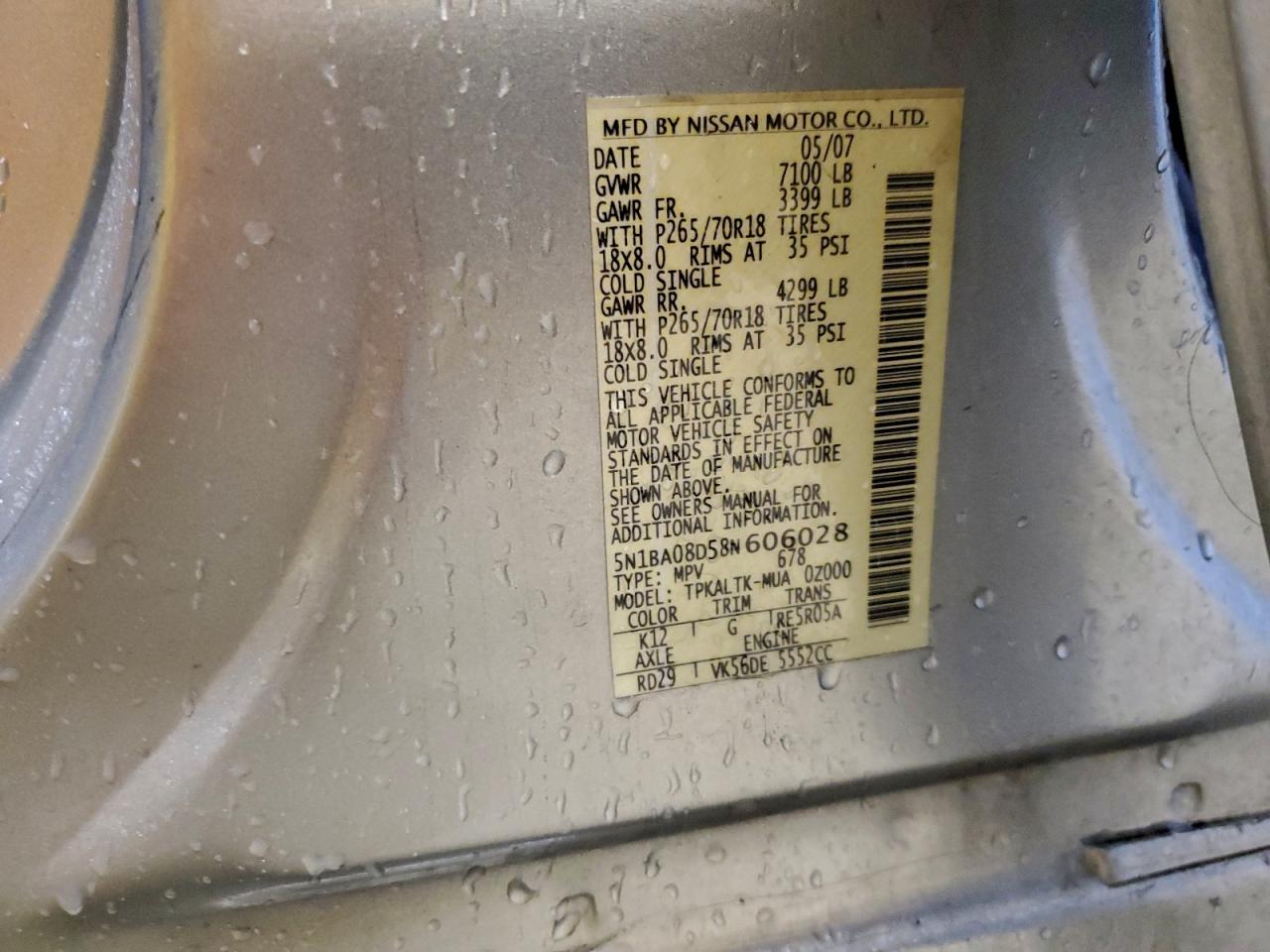 2008 Nissan Armada Se VIN: 5N1BA08D58N606028 Lot: 94130555