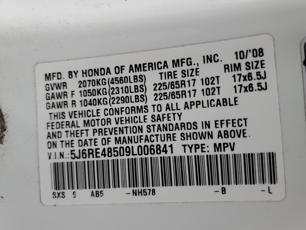 2009 Honda Cr-V Ex VIN: 5J6RE48509L006841 Lot: 92823895