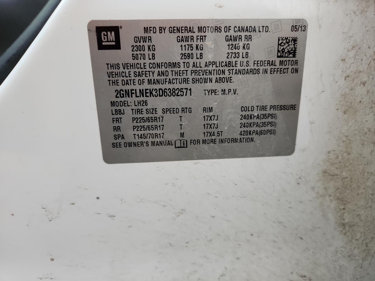 2013 Chevrolet Equinox Lt VIN: 2GNFLNEK3D6382571 Lot: 93502295