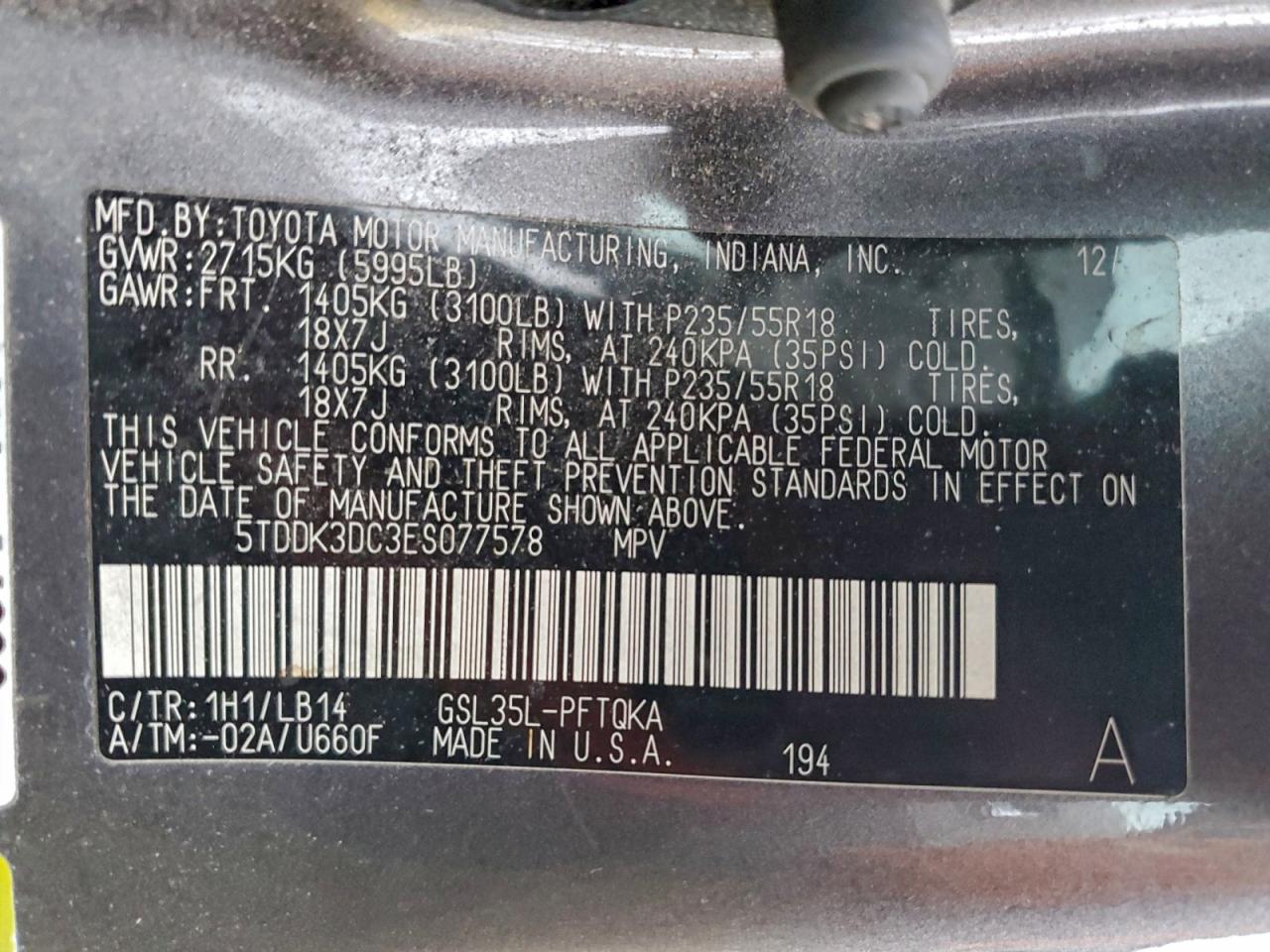 2014 Toyota Sienna Xle VIN: 5TDDK3DC3ES077578 Lot: 93902865