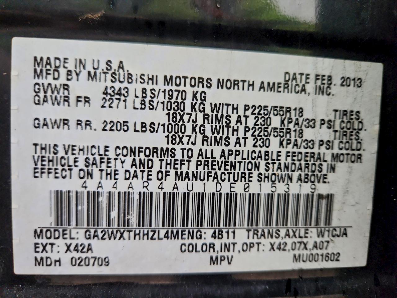 2013 Mitsubishi Outlander Sport Se VIN: 4A4AR4AU1DE015319 Lot: 93011045