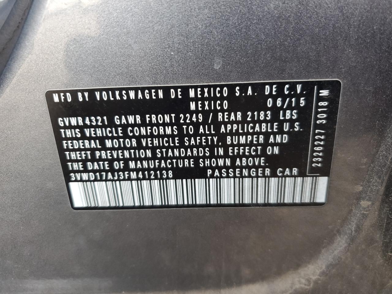 2015 Volkswagen Jetta Se VIN: 3VWD17AJ3FM412138 Lot: 92463395