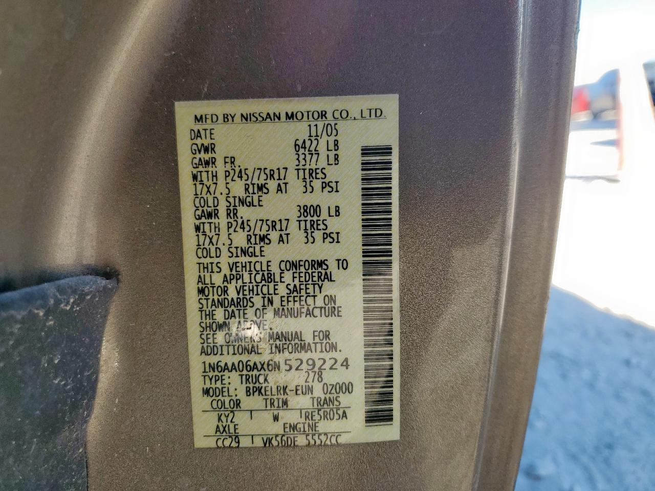 2006 Nissan Titan Xe VIN: 1N6AA06AX6N529224 Lot: 91563755