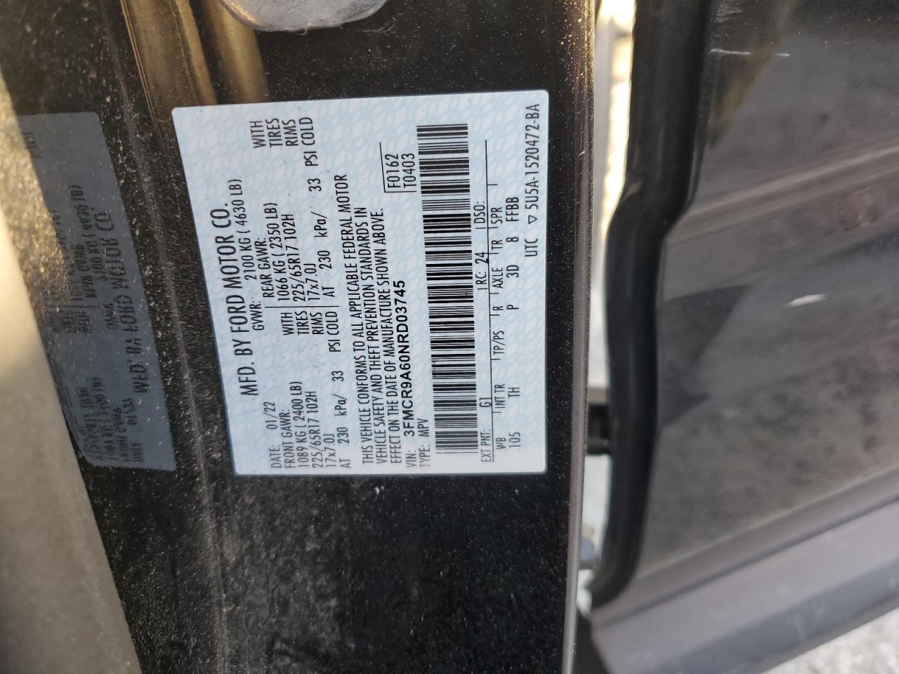 2022 Ford Bronco Sport VIN: 3FMCR9A60NRD03745 Lot: 90859645