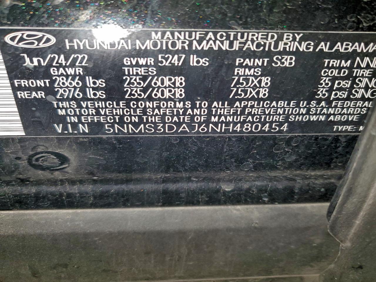 2022 Hyundai Santa Fe S VIN: 480454 Lot: 95224285