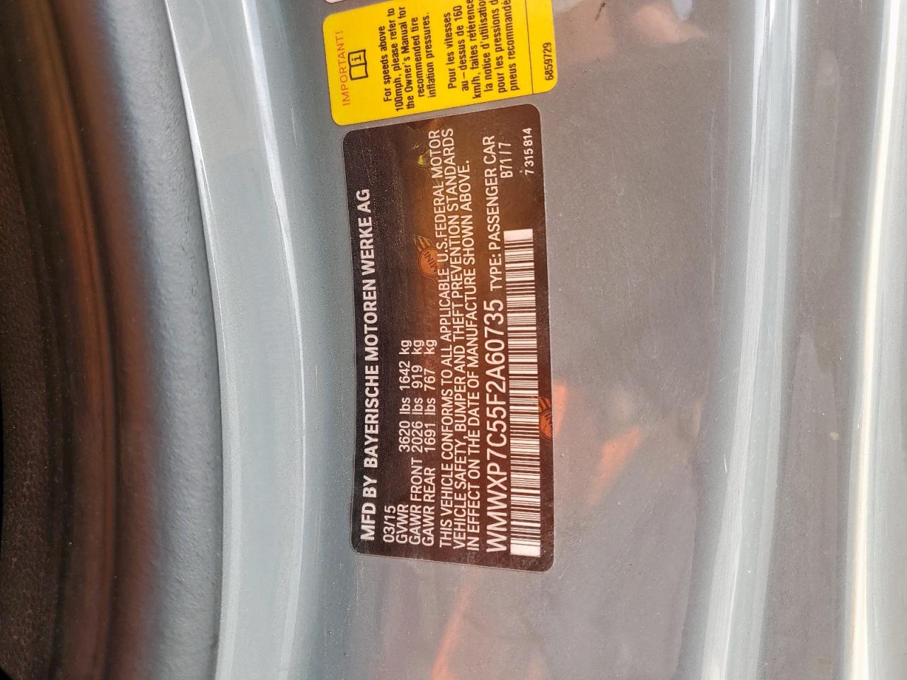 2015 Mini Cooper S VIN: WMWXP7C55F2A60735 Lot: 93044855