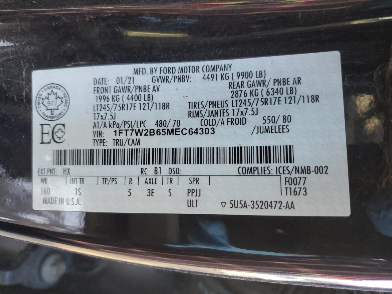 2021 Ford F250 Super Duty VIN: 1FT7W2B65MEC64303 Lot: 92279785