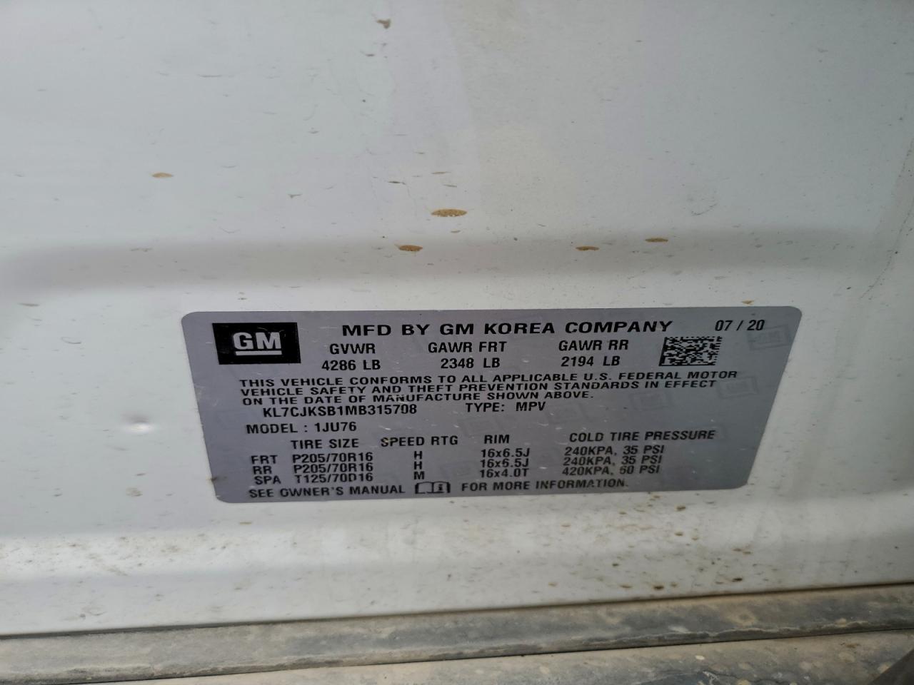 2021 Chevrolet Trax Ls VIN: KL7CJKSB1MB315708 Lot: 94119575