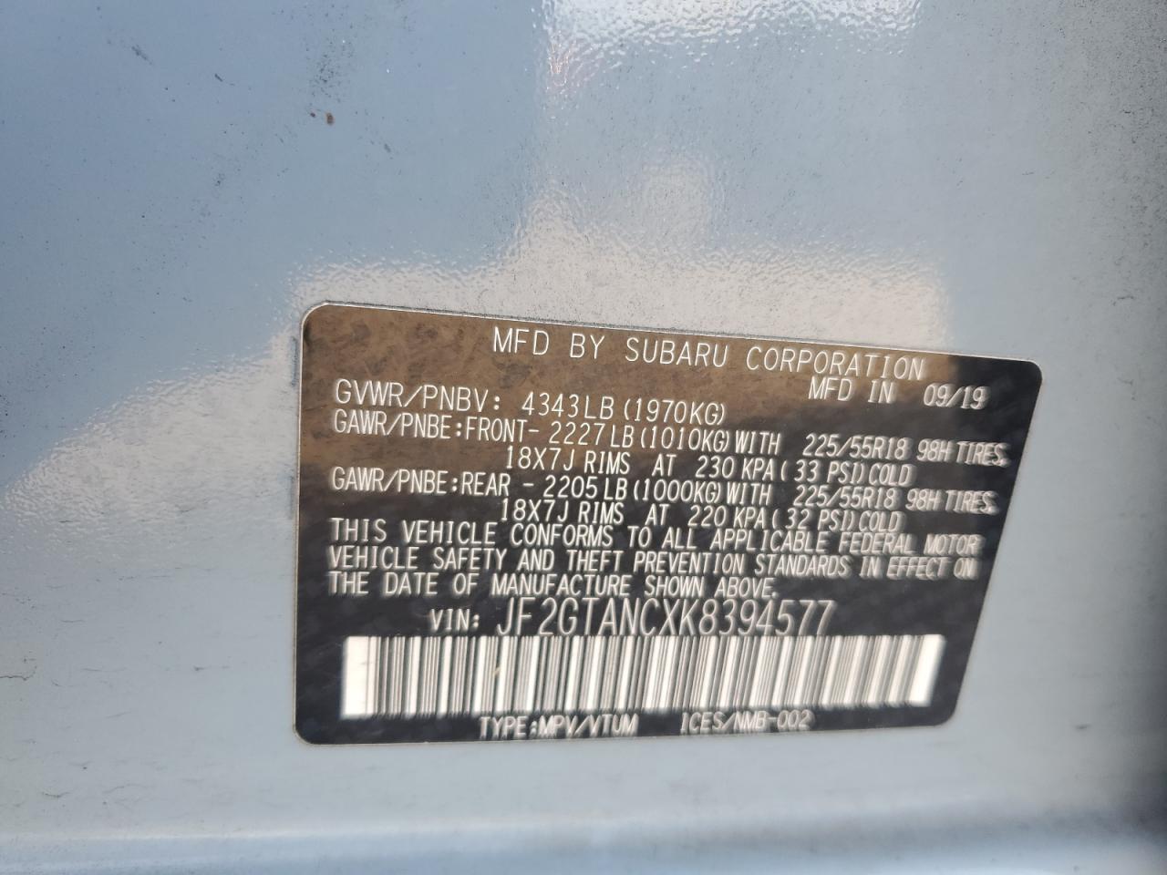 2019 Subaru Crosstrek Limited VIN: JF2GTANCXK8394577 Lot: 92705645