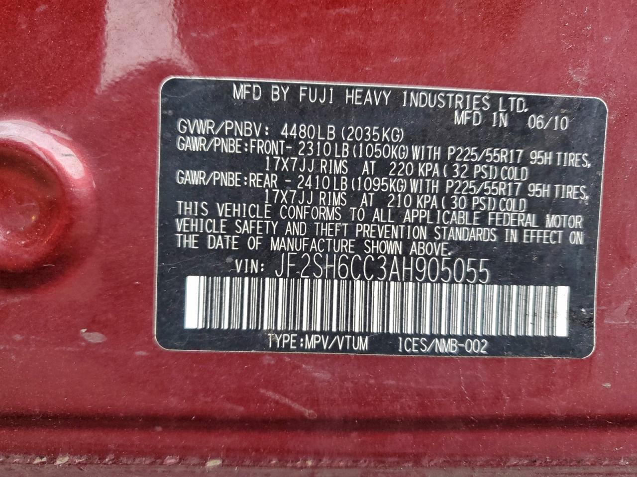 2010 Subaru Forester 2.5X Premium VIN: JF2SH6CC3AH905055 Lot: 93814145