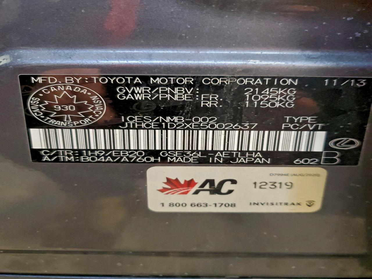 2014 Lexus Is 350 VIN: JTHCE1D2XE5002637 Lot: 94241295