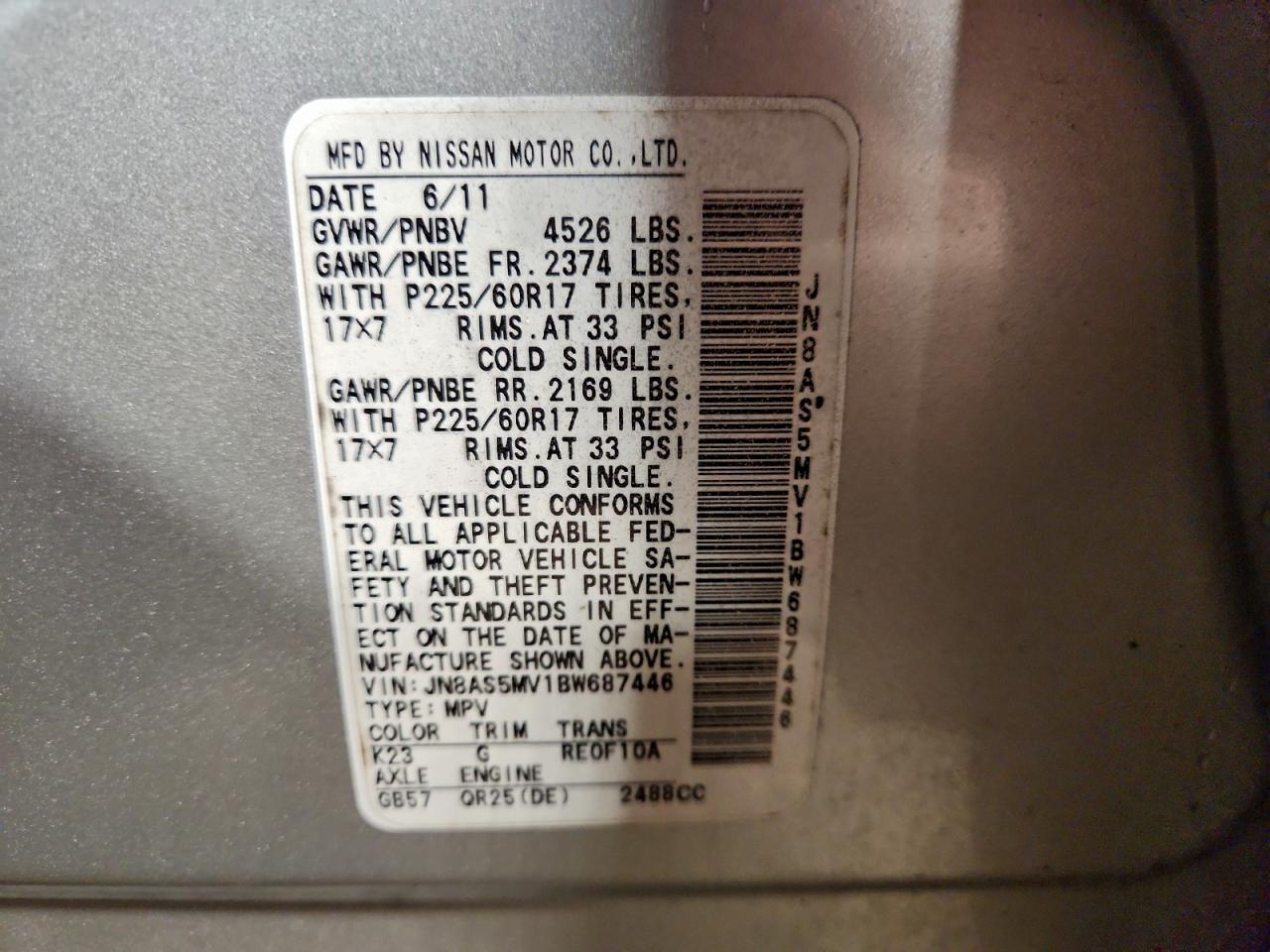 2011 Nissan Rogue S VIN: JN8AS5MV1BW687446 Lot: 93674195