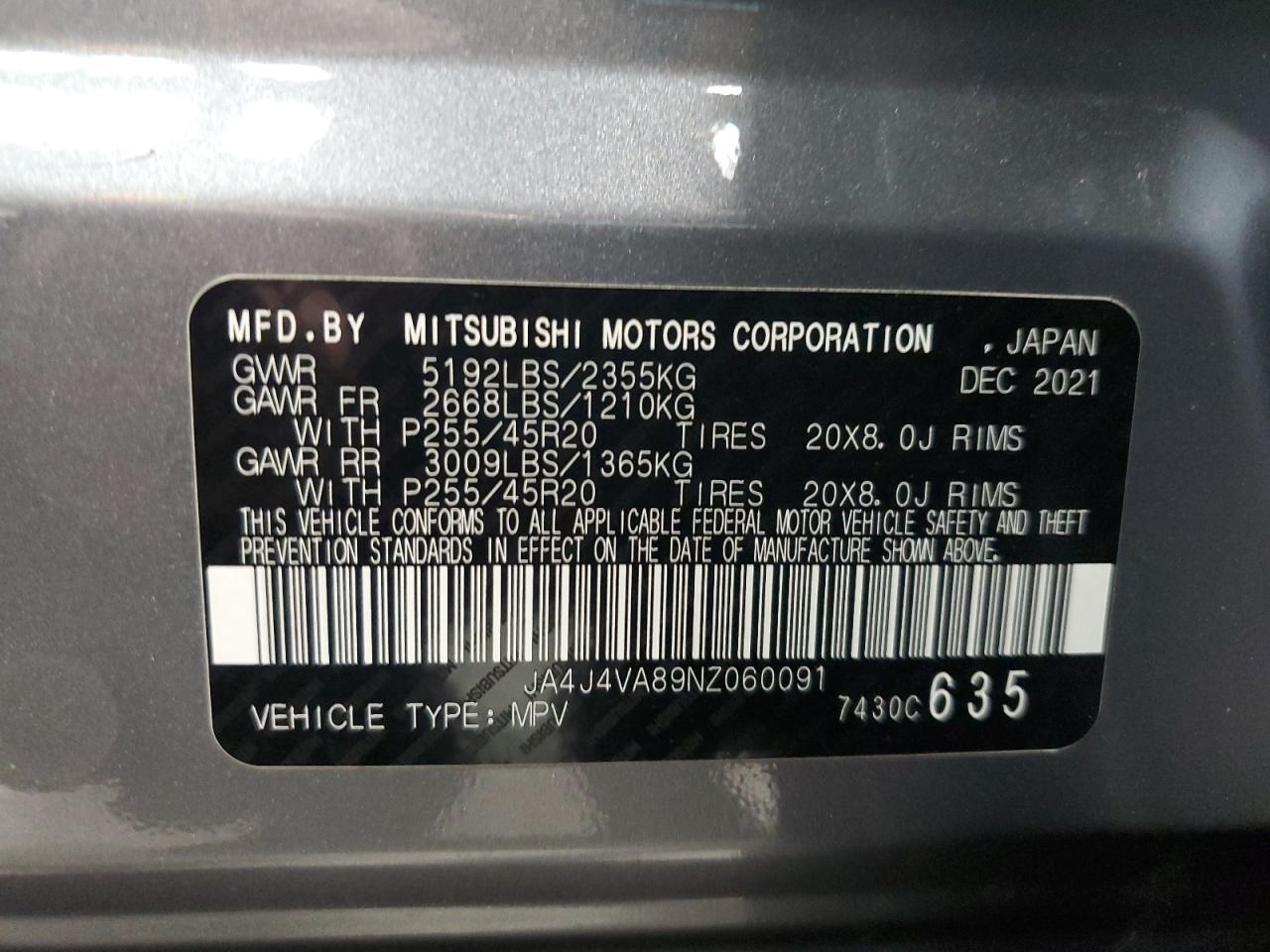 2022 Mitsubishi Outlander Sel VIN: JA4J4VA89NZ060091 Lot: 90666665