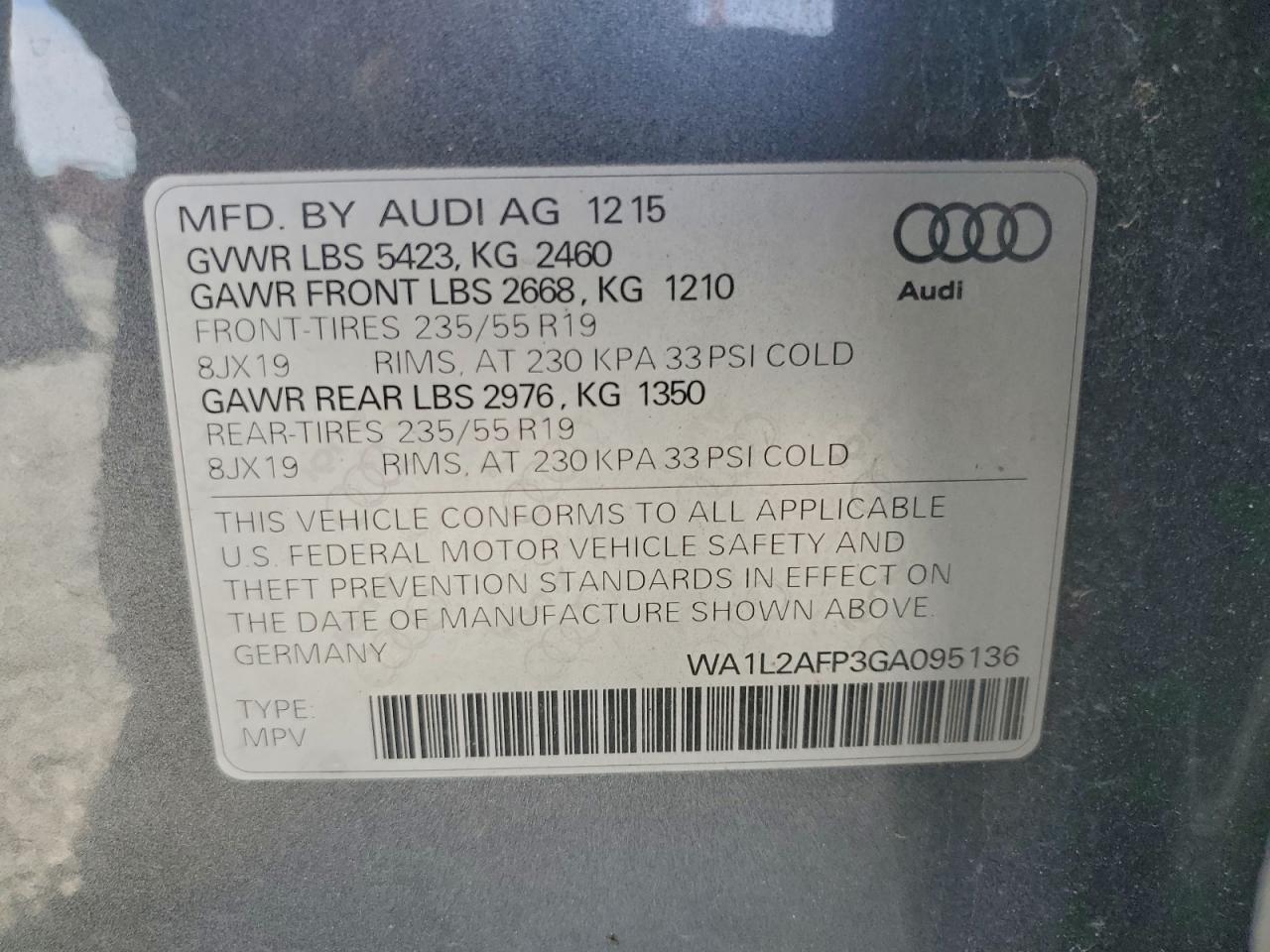 2016 Audi Q5 Premium Plus VIN: WA1L2AFP3GA095136 Lot: 94143675