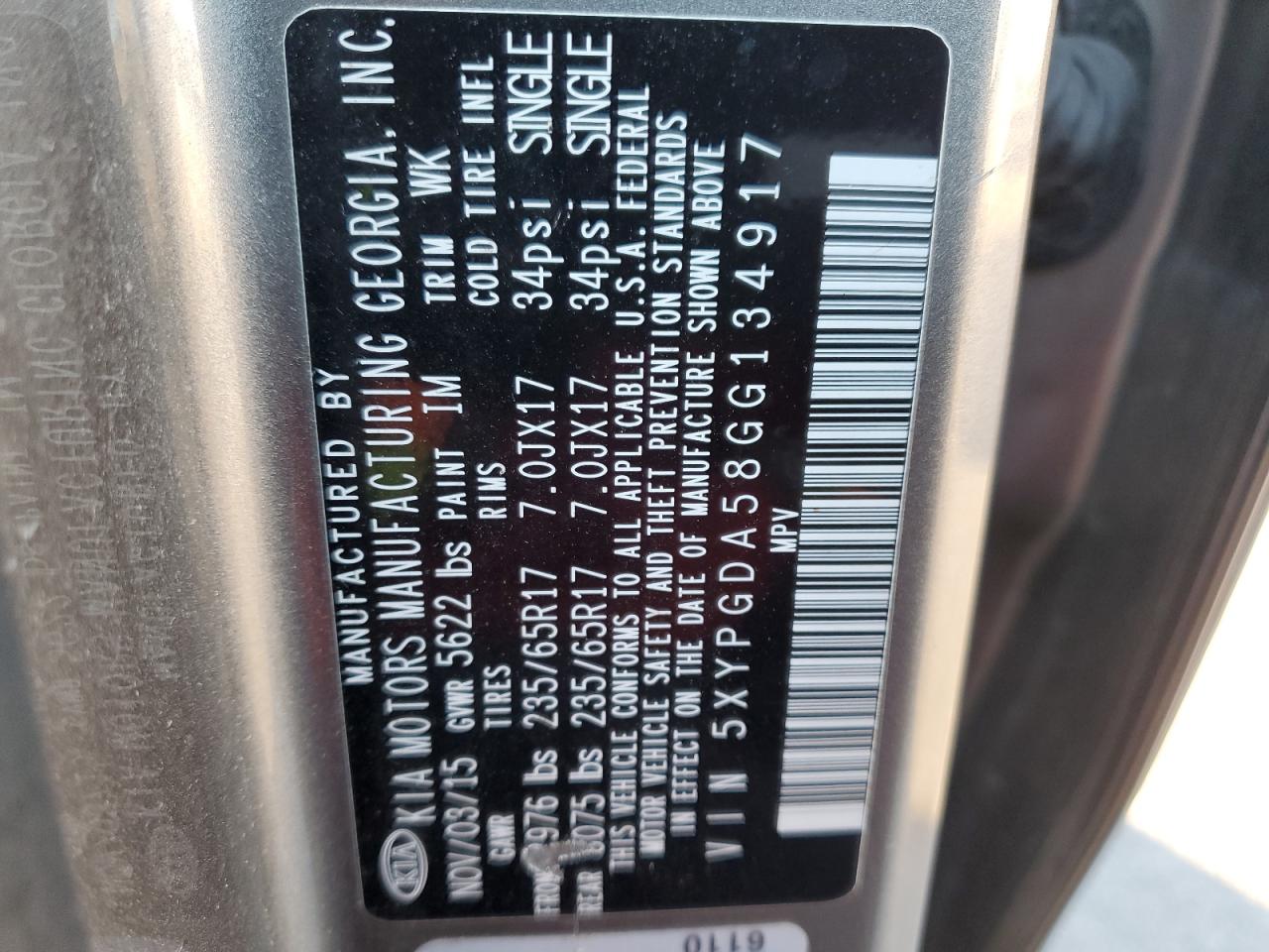 2016 Kia Sorento Lx VIN: 5XYPGDA58GG134917 Lot: 92391575