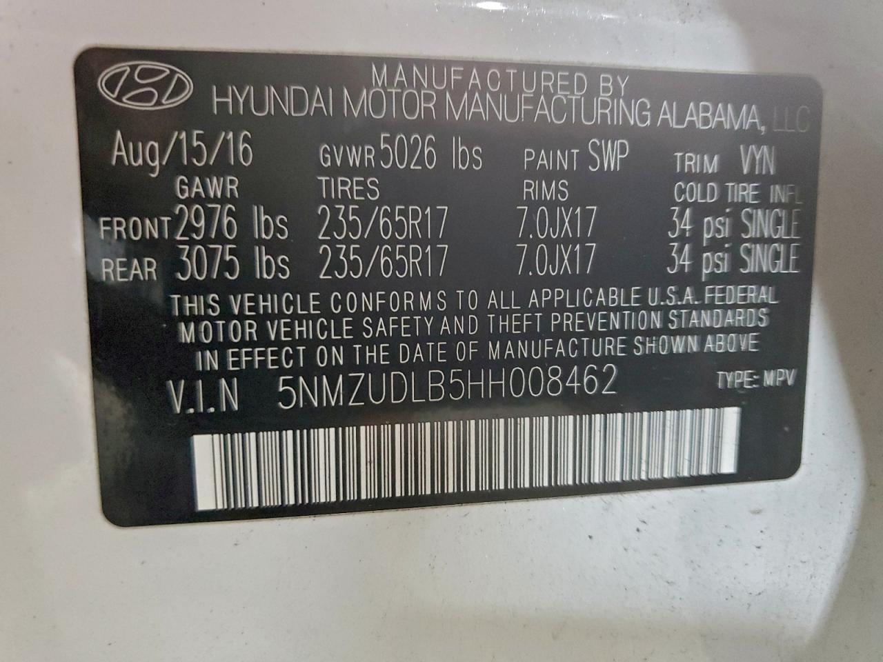 2017 Hyundai Santa Fe Sport VIN: 5NMZUDLB5HH008462 Lot: 94051225